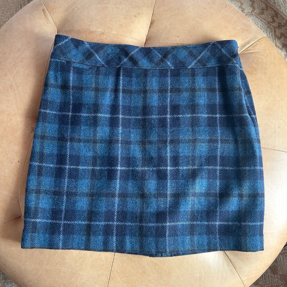 Academia Wool Plaid Mini Skirt Classic Blue Green Tartan women 18 petite LL Bean